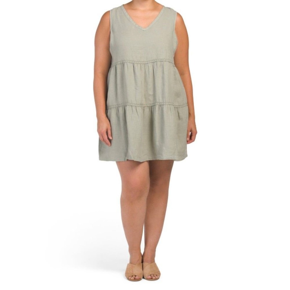 Lucky Brand Plus Linen Sleeveless V-Neck Tiered Crochet Trim Tunic Dress 2X